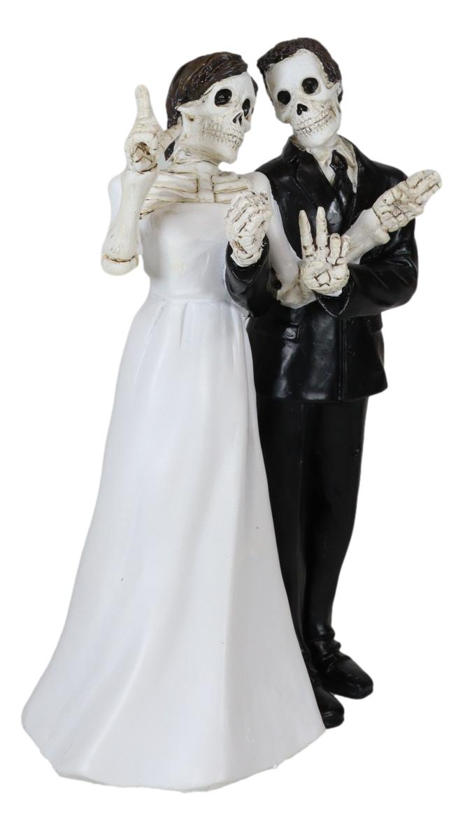 Love Never Dies Skeleton Wedding Couple Bride and Groom Love Hand Sign Figurine