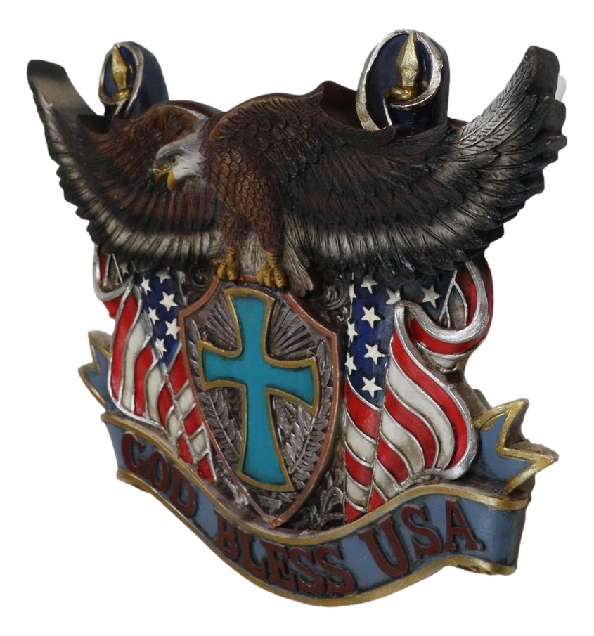 Patriotic Flags Bald Eagle On Cross Crest God Bless USA Wall Plaque Sculpture - Ebros Gift