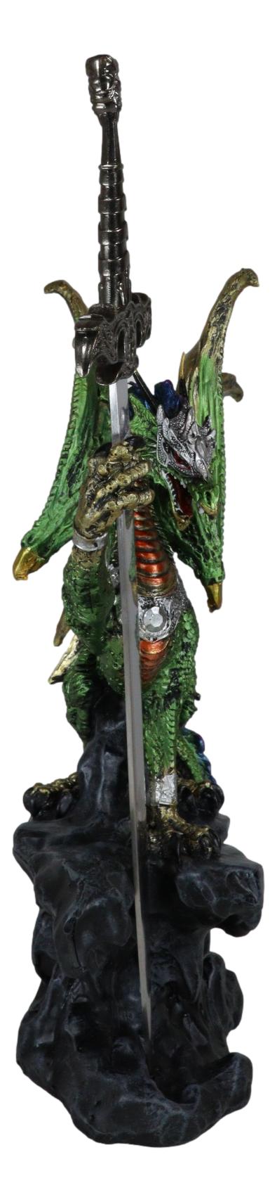 Green Knight Armored Rune Dragon With Gothic Skull Sword Letter Opener Figurine