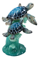 Marine Blue Shelled Sea Turtle Mother and Hatchling Swimming With Waves Figurine