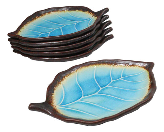 Pack Of 6 Blue Sky Aozora Kannyu Ceramic Leaf Shaped Appetizer Salad Plates