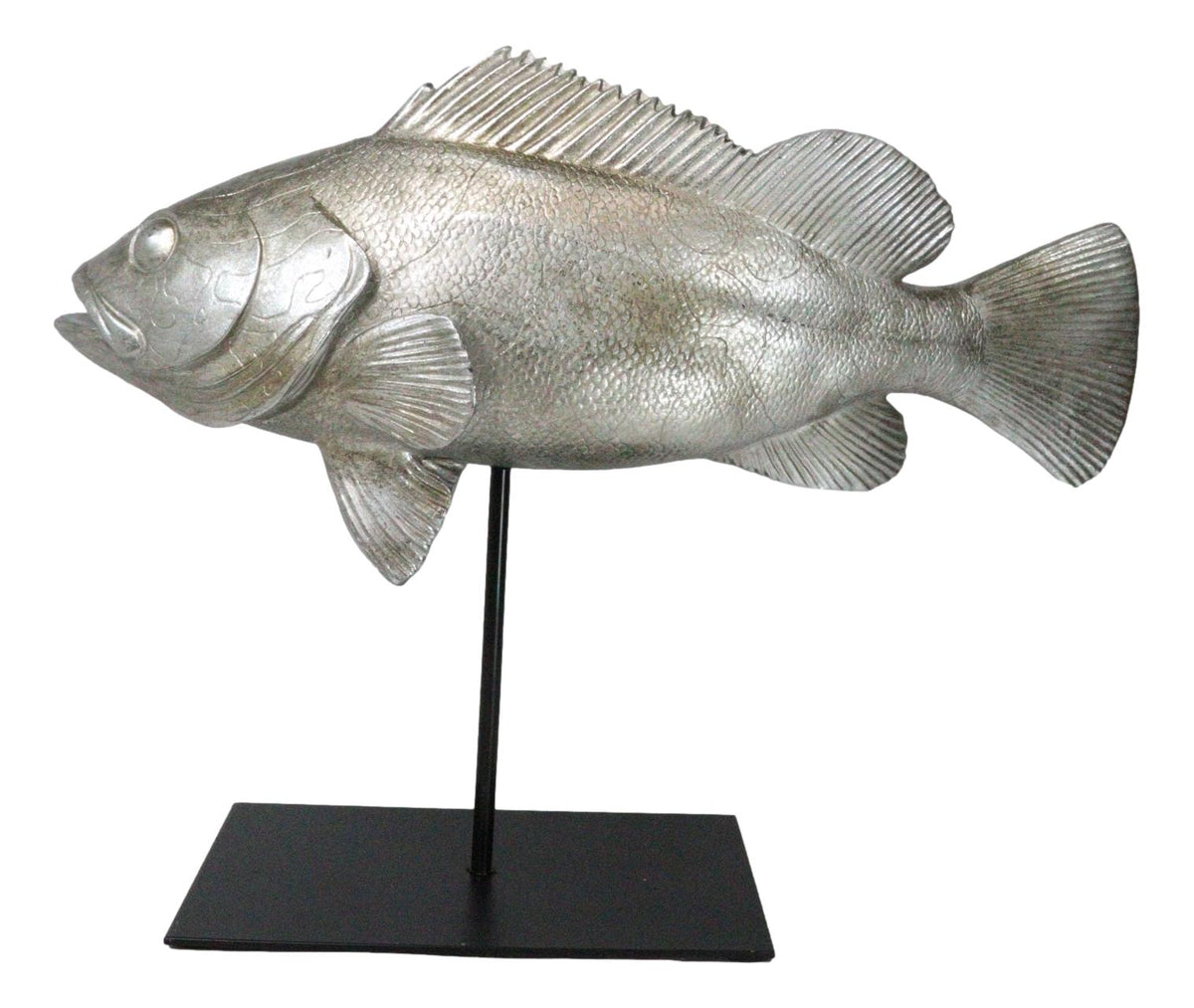 Ocean Marine Silver Tone Serranidae Grouper Fish Sculpture On Metal Pole Stand