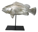 Ocean Marine Silver Tone Serranidae Grouper Fish Sculpture On Metal Pole Stand