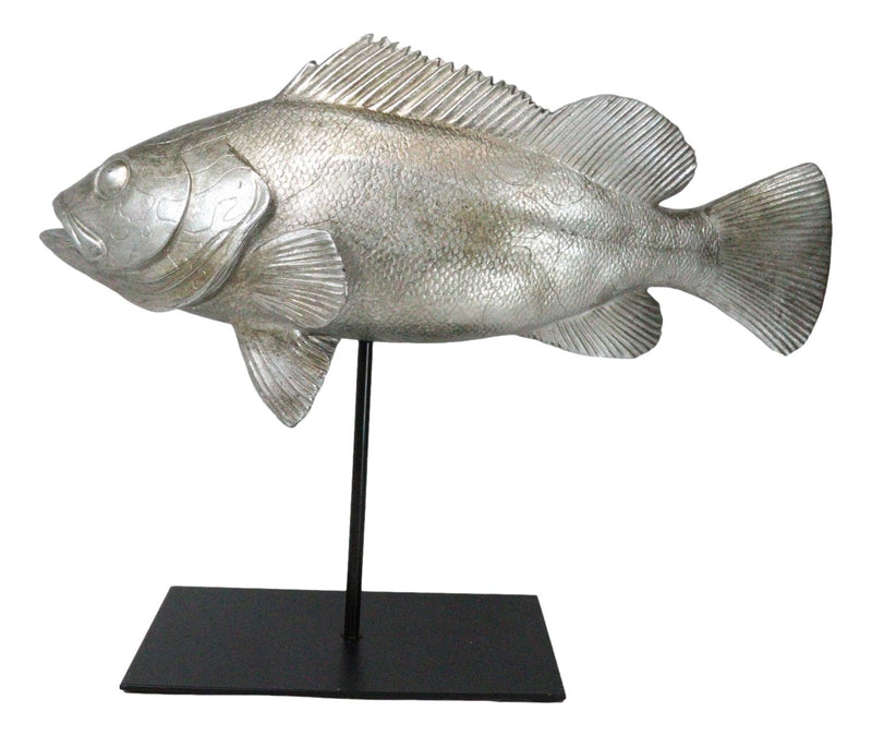 Ocean Marine Silver Tone Serranidae Grouper Fish Sculpture On Metal Pole Stand