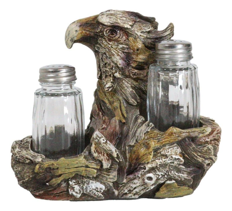 Faux Wooden American Bald Sea Eagle Glass Salt and Pepper Shakers Holder Set
