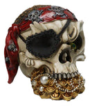 Pirate Skull Treasure With Bandana Eyepatch Gold Coins & Pearl Jewelry Figurine