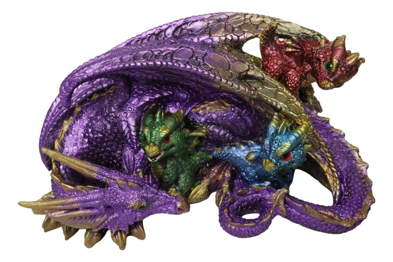Magic Purple Mother Dragon Protecting Her Colorful Hatchling Babies Figurine