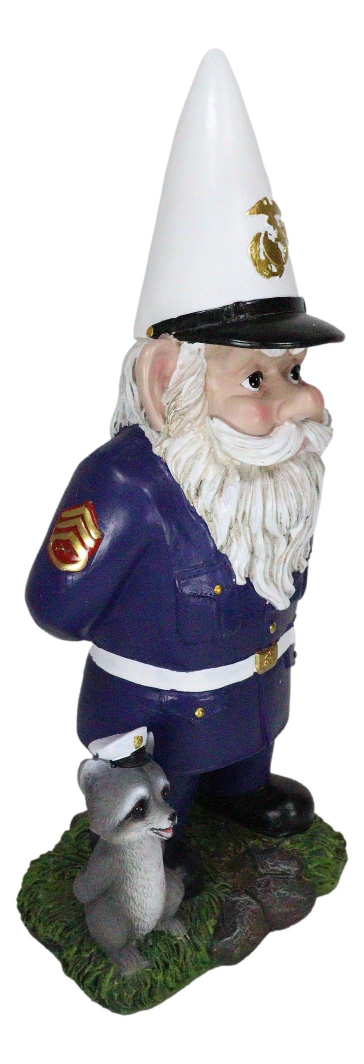 USA Patriotic Armed Forces Semper Fidelis Marine Gnome With Raccoon Statue