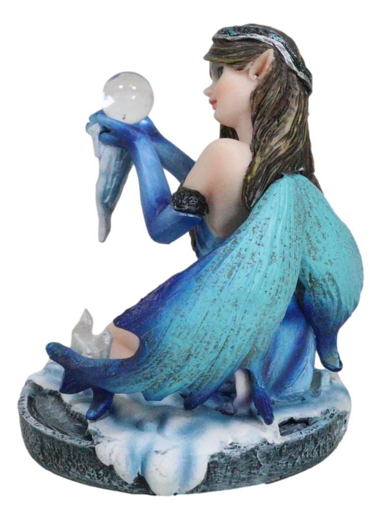 Kneeling Blue Artic Frozen Ice Princess Fairy with Crystal Ball Small Figurine