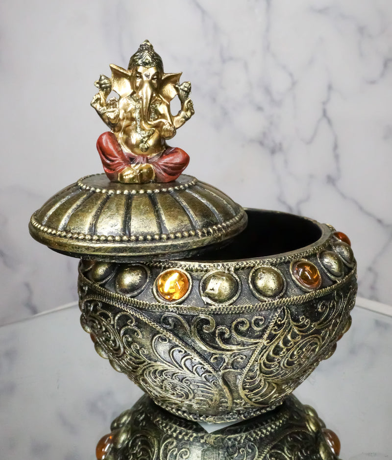 Hindu Vastu Yoga Ganesha Tooled Patterns And Gemstones Decorative Trinket Box