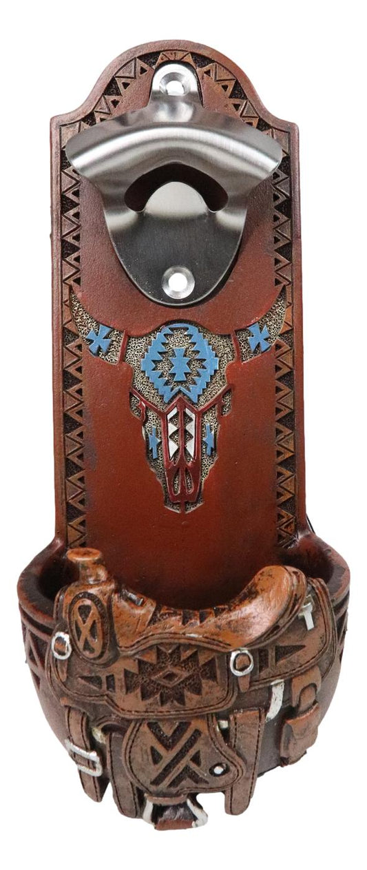 Western Cowboy Country Rustic Horse Saddle With Cow Skull Wall Bottle Opener