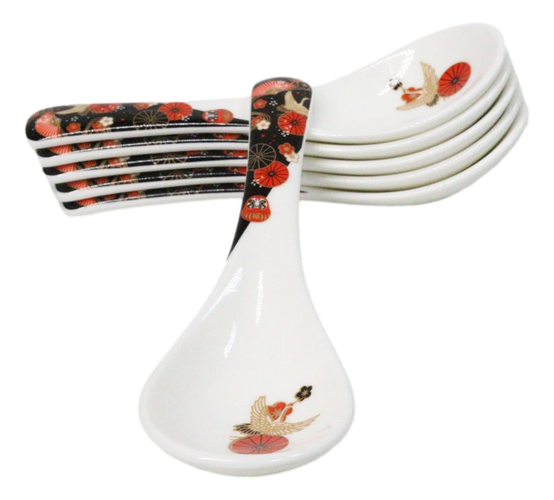 Set of 6 Japanese Crane Porcelain Asian Soup Spoons Japanese Ramen Pho Wonton