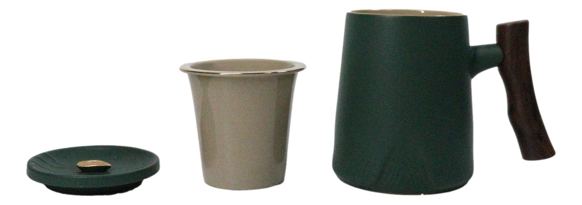 Green 15 Oz Chic Porcelain Tea Mug with Wooden Handle, Lid and Infuser