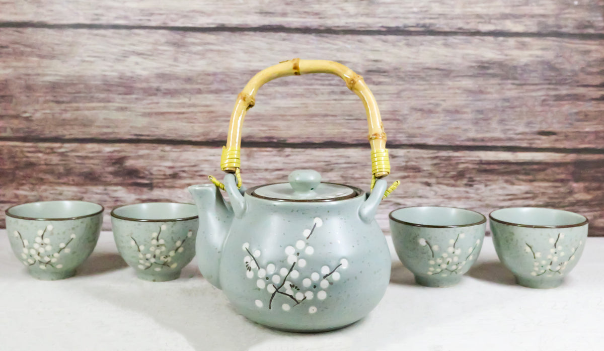 Japanese Sakura Pastel Ume Plum Cherry Blossom Traditional Teapot With Cups Set - Ebros Gift