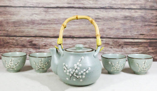 Japanese Sakura Pastel Ume Plum Cherry Blossom Traditional Teapot With Cups Set - Ebros Gift