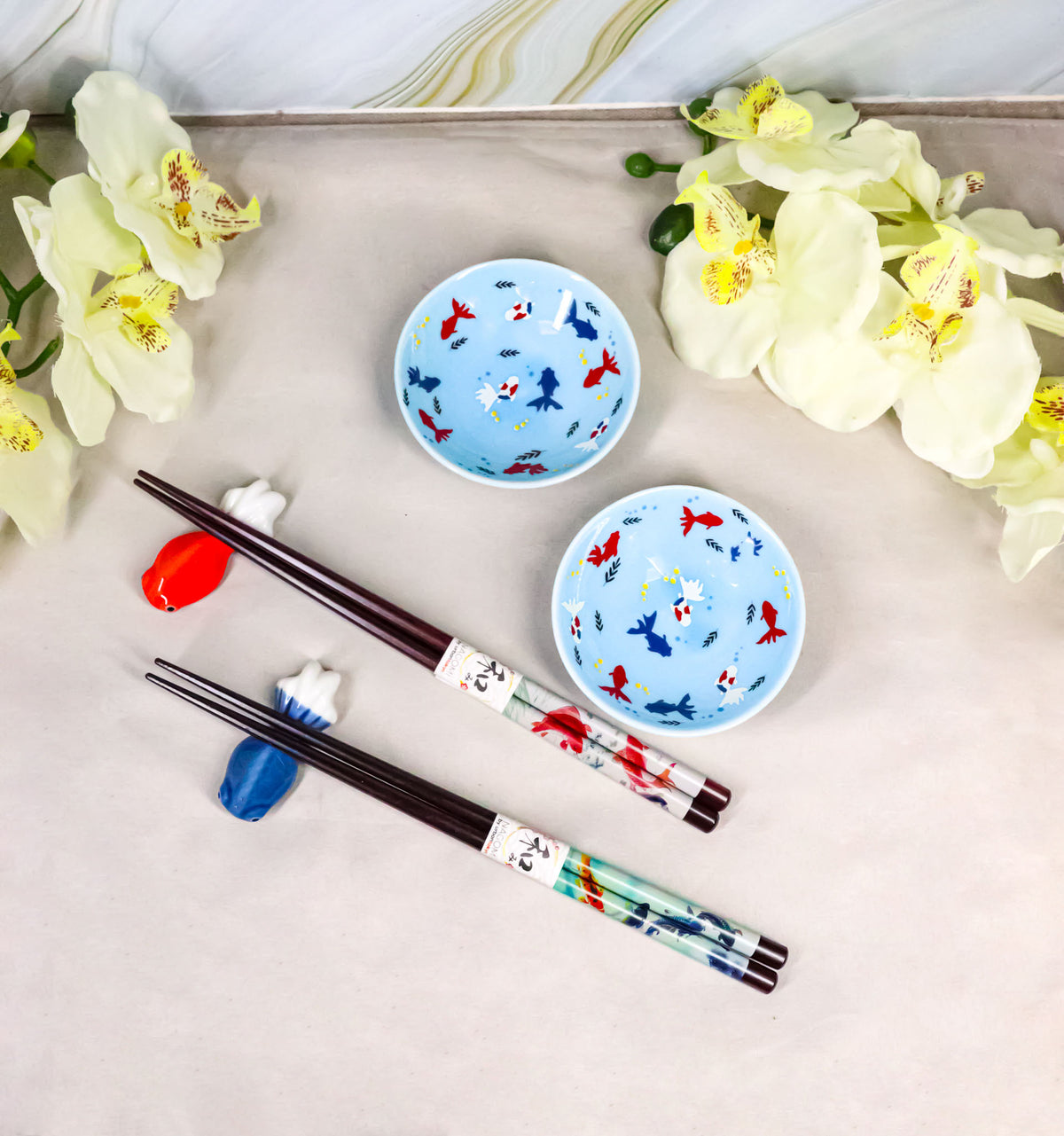 Goldfish Kingyo Pastel Blue Sauce Dishes Chopsticks And Rests Sushi Set For 2