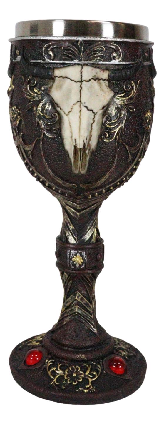 Ebros Horned Wild Bison Steer Tribal Skull Red Cyrstals Maroon Wine Chalice Goblet Cup