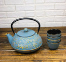 Maple Leaves Momiji Design Blue Tetsubin Cast Iron Tea Pot With 4 Cups Set 37oz