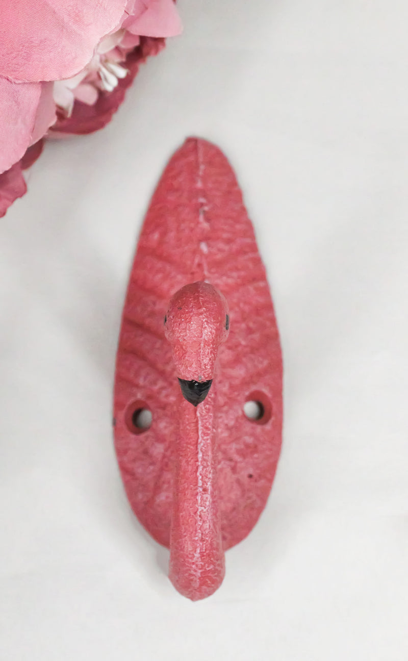Pack Of 2 Cast Iron Tropical Bird of Paradise Pink Flamingo Wall Hook Plaque