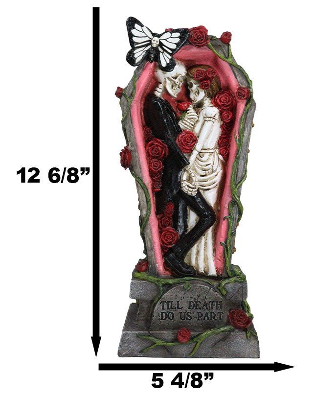 Wedding Bride and Groom Skeletons In Rose Coffin Till Death Do Us Part Figurine