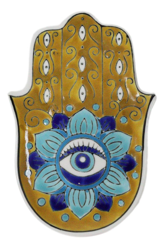 Orange Chakra Hamsa Palm Mandala and Evil Eye Ceramic Dish Brass Incense Holder