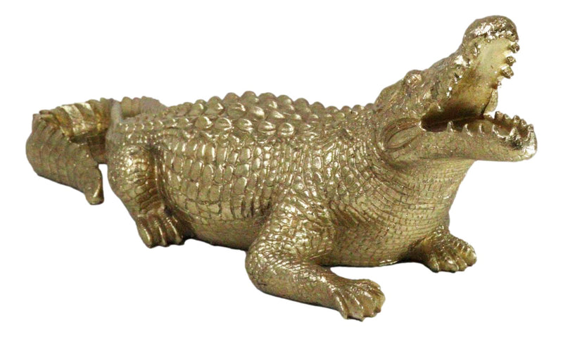 Large 2 Feet Gold Patina Crocodile Baring Jaws and Razor Teeth Garden Statue