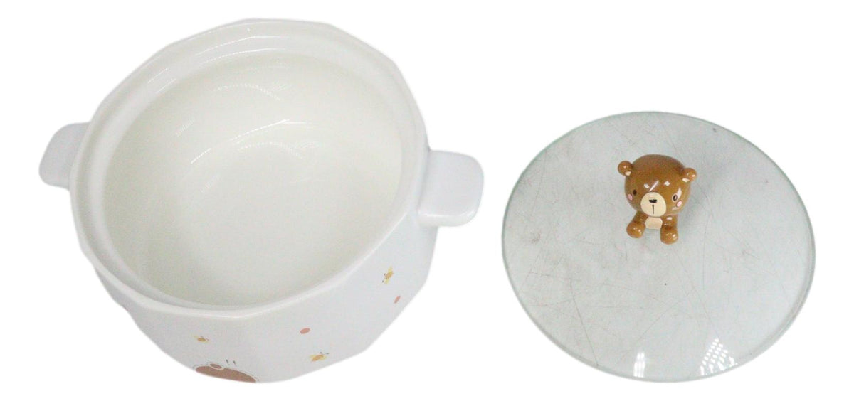 Ceramic Whimsical Honey Bees Bear 30oz Noodle Dessert Food Bowl W/ Glass Lid - Ebros Gift