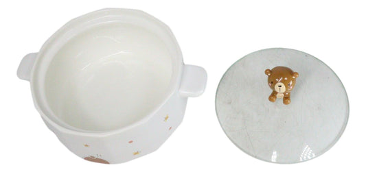 Ceramic Whimsical Honey Bees Bear 30oz Noodle Dessert Food Bowl W/ Glass Lid - Ebros Gift