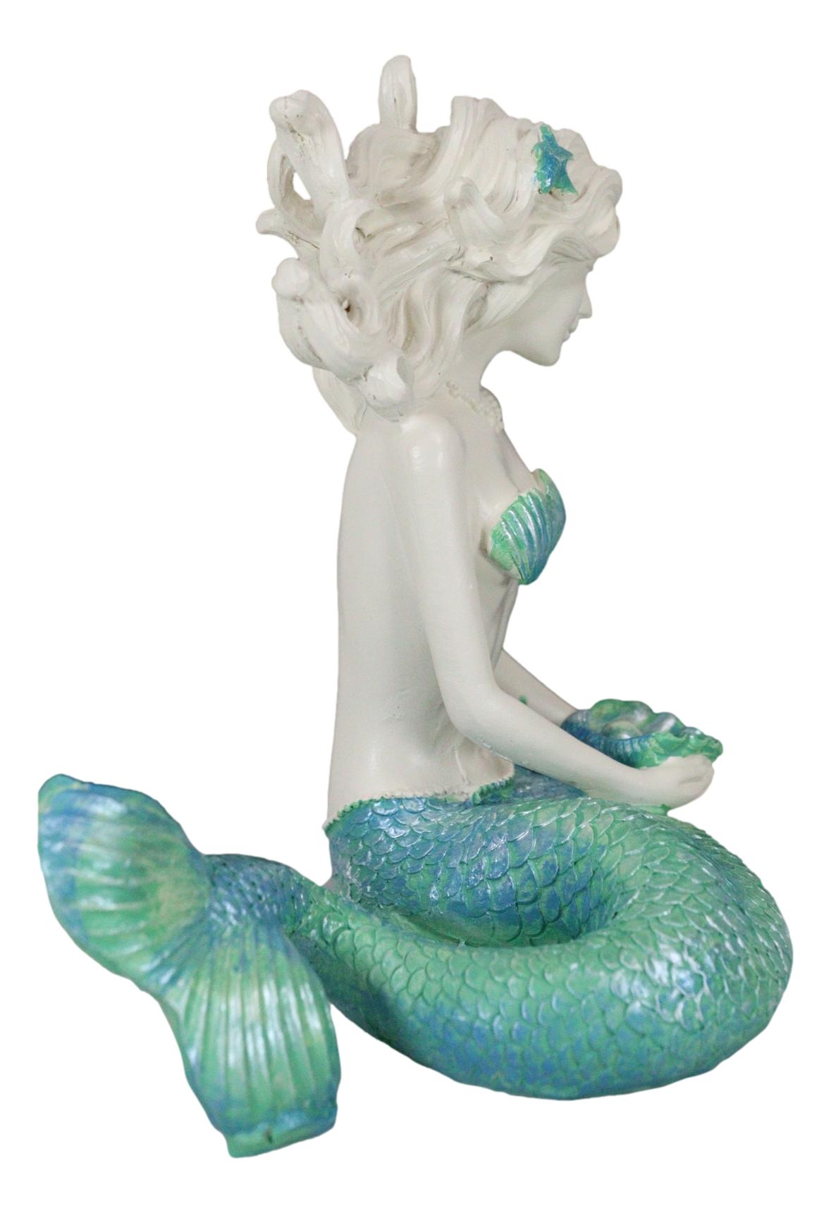 Nautical Aqua Capiz Blue Tailed Mermaid Holding Pearl In Clam Shell Figurine
