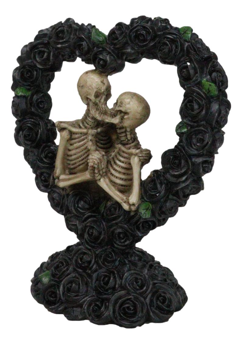 Love Never Dies Black Bridal Roses Heart Wreath Skeleton Couple Kissing Figurine - Ebros Gift