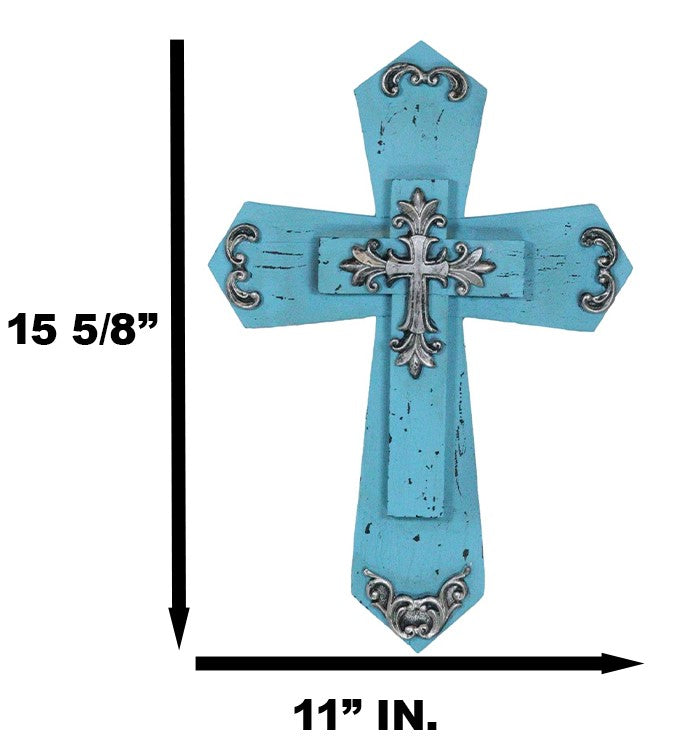 Rustic Western Turquoise Silver Scrollwork Faux Wood Layered Wall Cross Crucifix