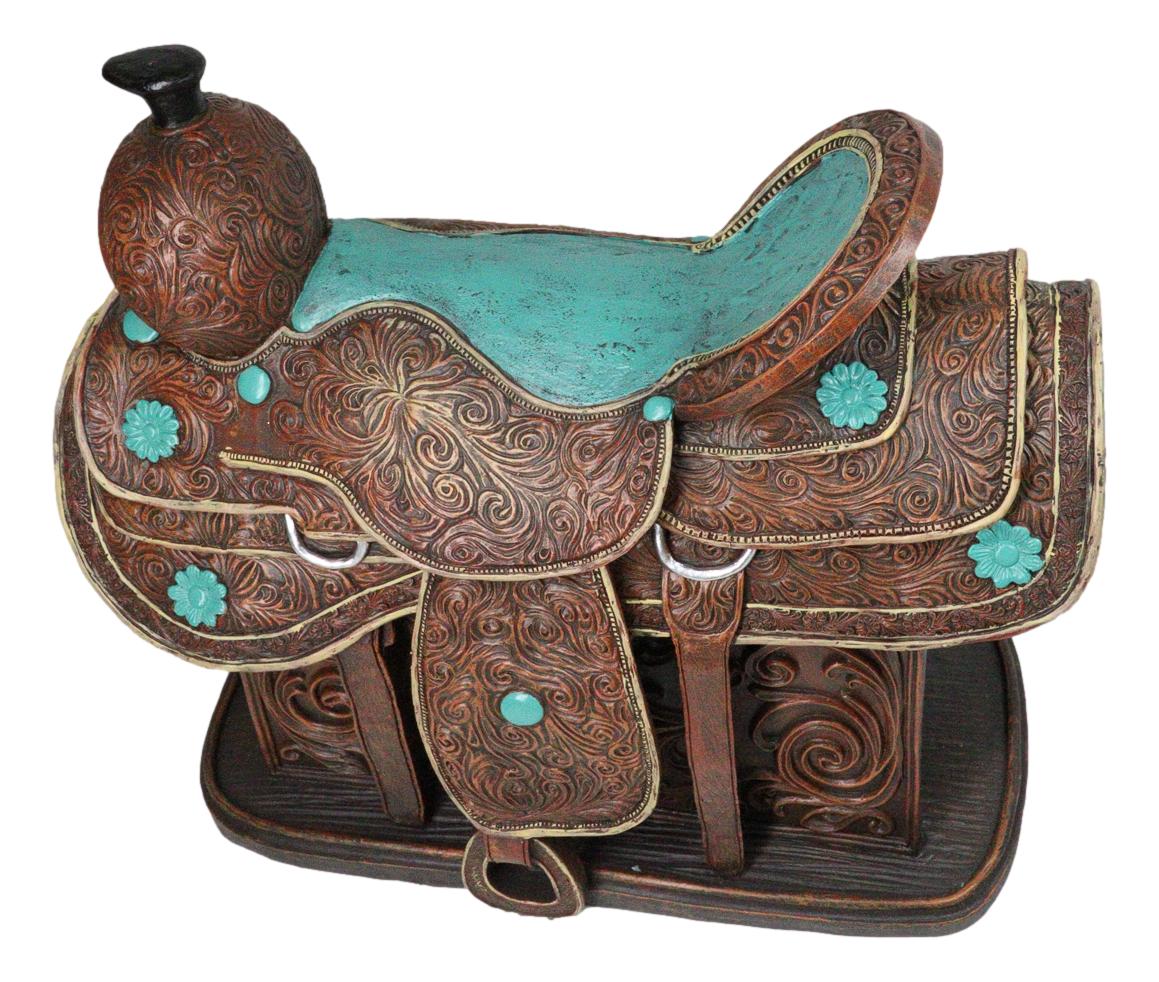 Western Saddle Centerpiece Figurine Faux Tooled Leather Turquoise Accents 13"L