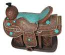 Western Saddle Centerpiece Figurine Faux Tooled Leather Turquoise Accents 13"L