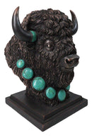 Rustic Western Buffalo Bust Figurine with Turquoise-Style Neck Ornaments & Horns
