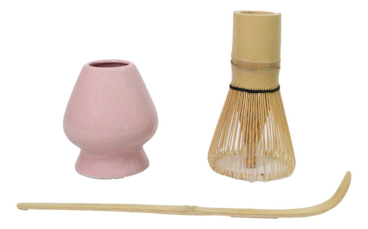 Ebros Pink 3 Piece Matcha Whisk Bamboo Chasen Scoop And Ceramic Stand Set