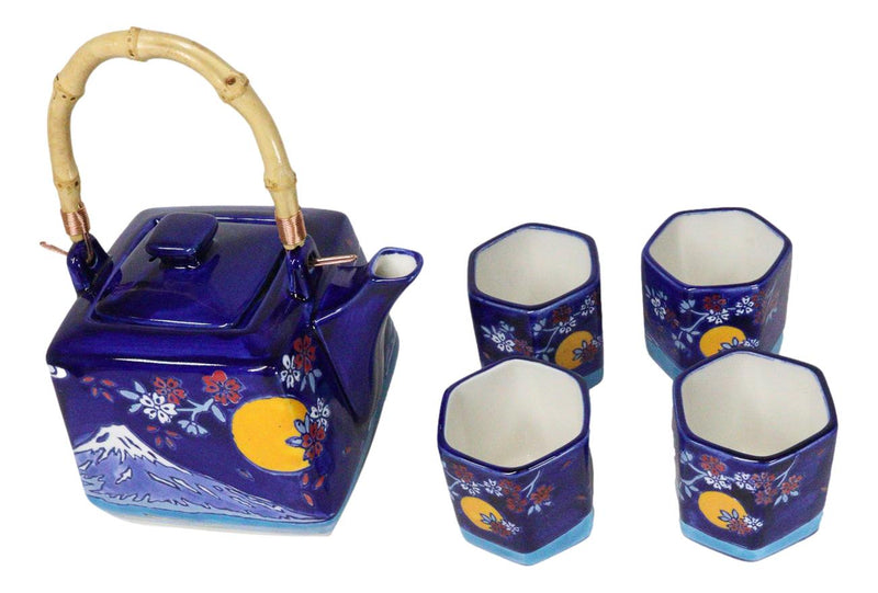 Blue Mount Fuji With Full Moon Ceramic Hexagonal Teapot With 4 Tea Cups Set