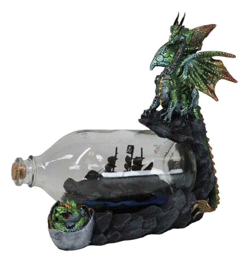 Green And Gold Dragon On Rock Cliff With Pirate Ship in Glass Bottle Figurine