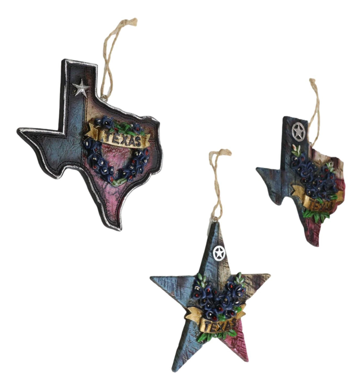 Western Texas Bluebonnet Lone Star State Map Wall Or Tree Ornaments Set of 3
