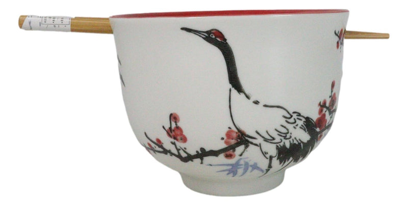 Japanese Crane On Cherry Blossoms Ceramic Donburi Ramen Bowl With Chopsticks Set