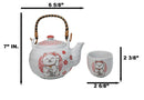 White Red Maneki Neko Lucky Cat Ceramic Tea Pot And 2 Cups Set Bamboo Handle
