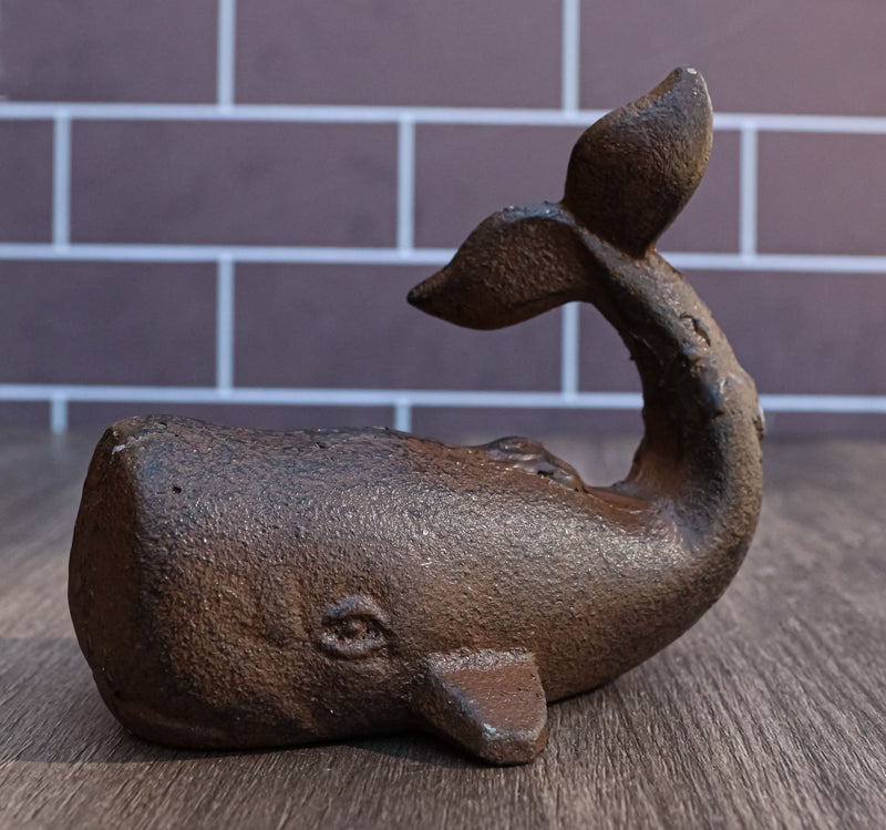 Set Of 2 Rustic Cast Iron Sperm Whale Cachalot Decorative Paperweight Figurines