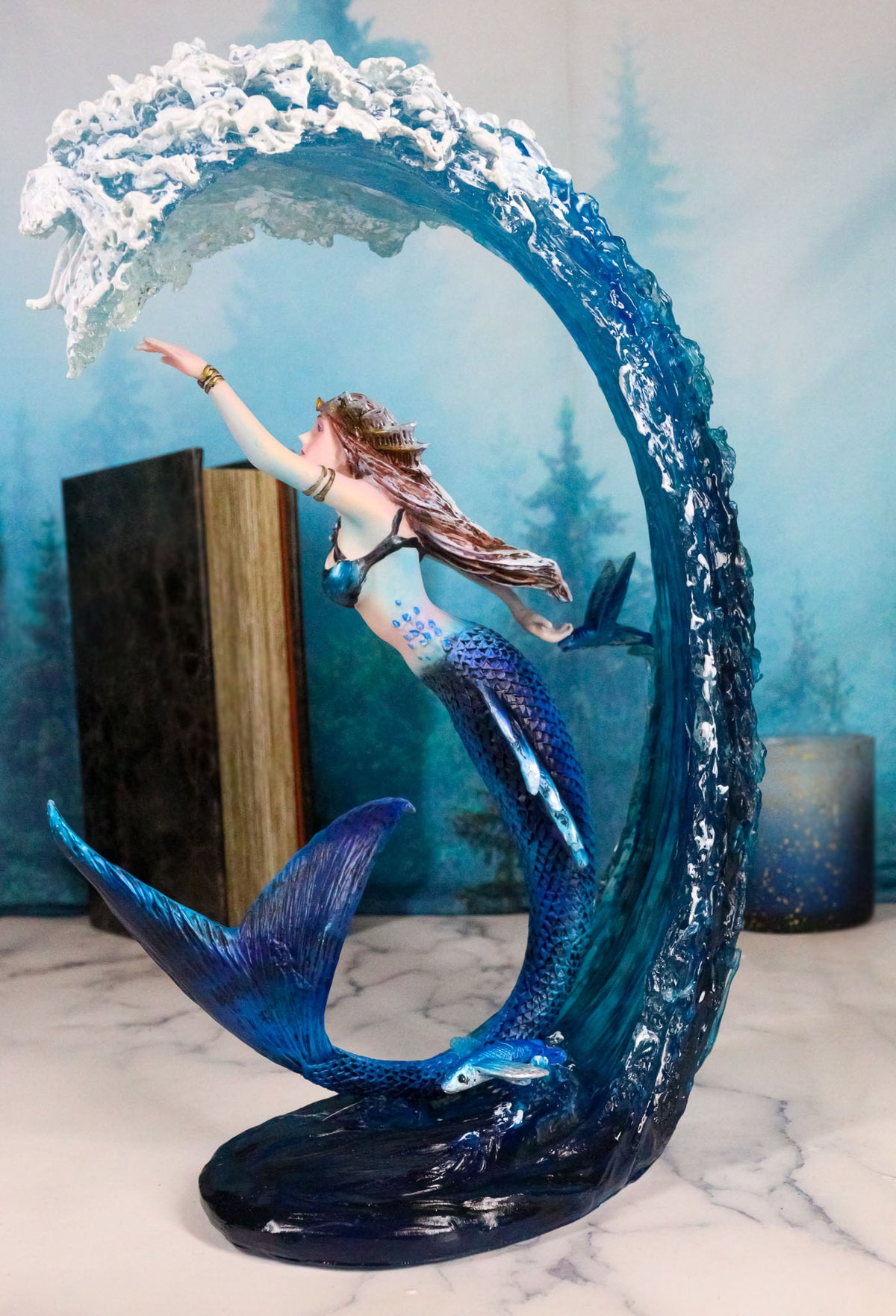 Fantasy Water Elemental Sea Mermaid Sorceress Riding Ocean Waves Figurine