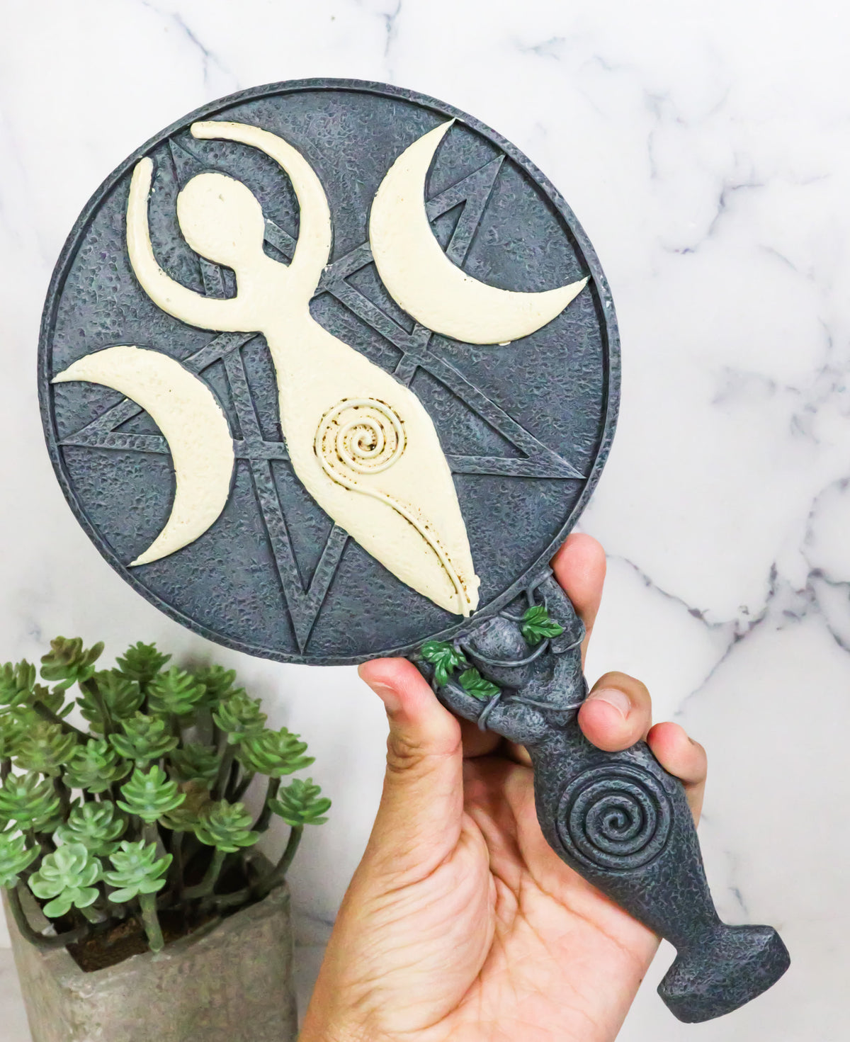 Wicca Triple Moon Spiral Goddess with Magical Ivy Leaves Sculptural Hand Mirror