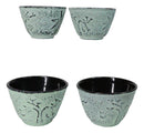 Mint Green Bamboo Etching Japanese Tetsubin Style Cast Iron Tea Cups Set of 4