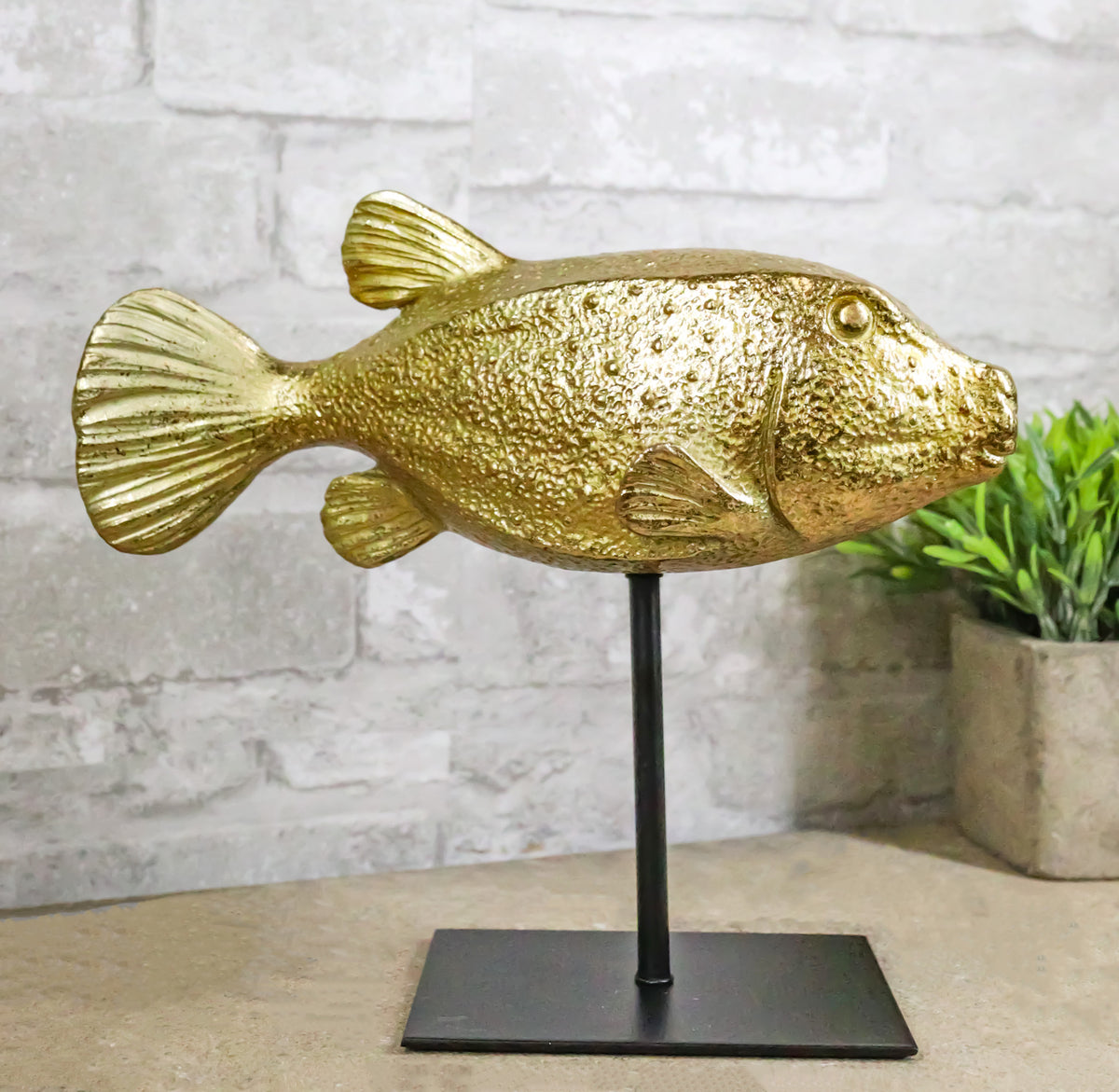 Nautical Marine Gold Tone Yellow Boxfish Fish Sculpture With Museum Pole Stand