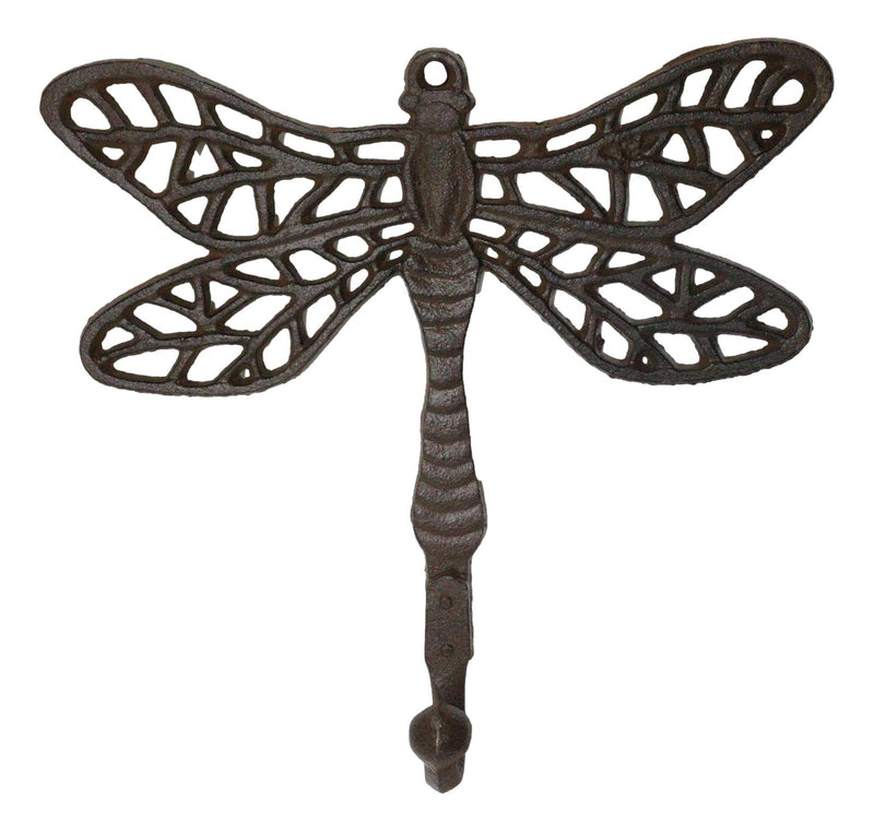 Set Of 2 Rustic Cast Iron Dragonfly with Scrollwork Filigree Wings Wall Hooks