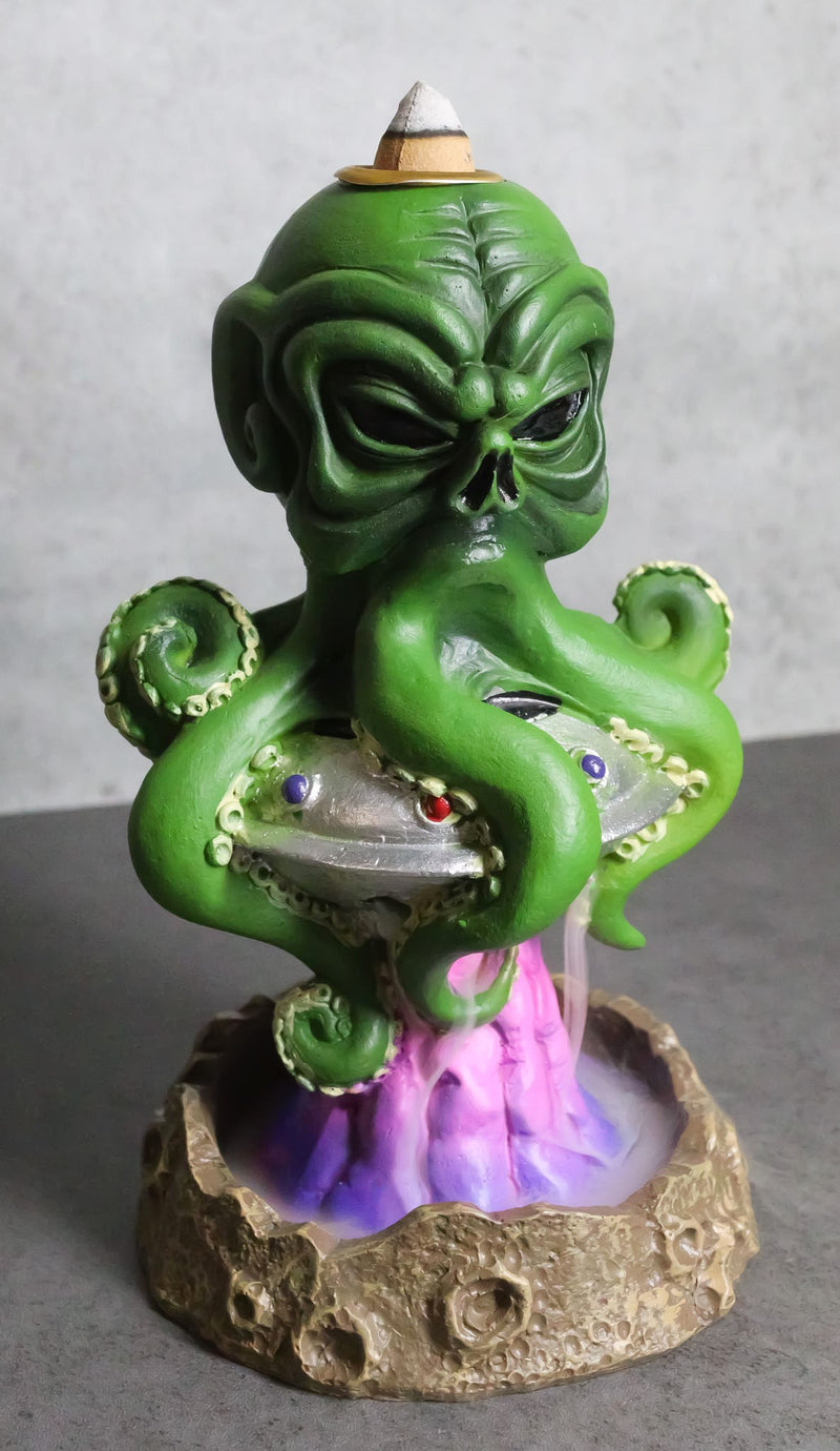 Cthulhu UFO Alien On Spaceship Saucer Moon Crater Backflow Incense Cone Burner
