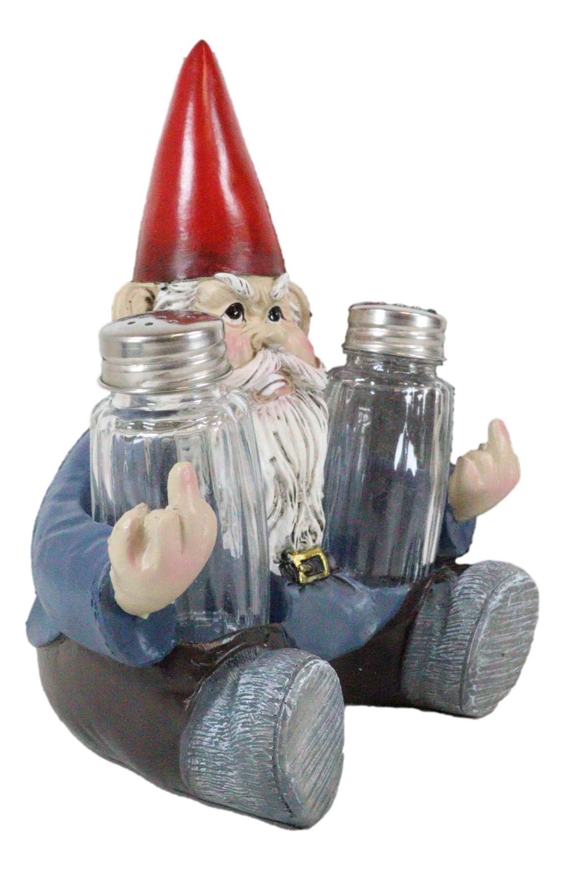 Salty Rude Mr Gnome Flipping The Bird Bugger Off Salt And Pepper Shakers Holder