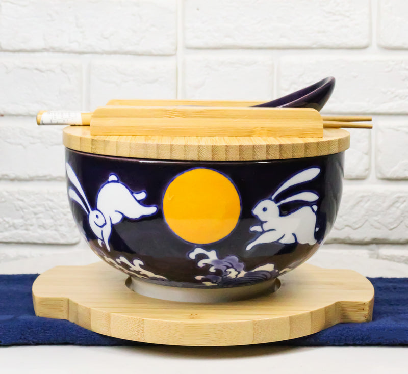 Yellow Moon White Rabbit Donburi Ramen Bowl With Lid Trivet Spoon Chopsticks Set