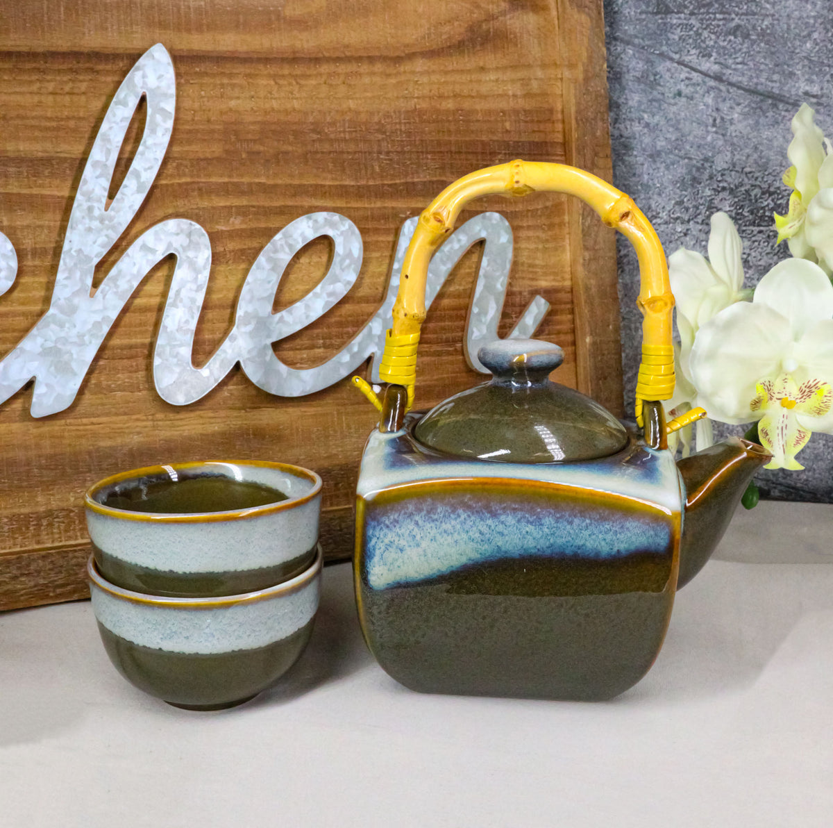 Olive Green White Sands Zen Fusion Reactive Glaze 32oz Teapot And 2 Tea Cups Set